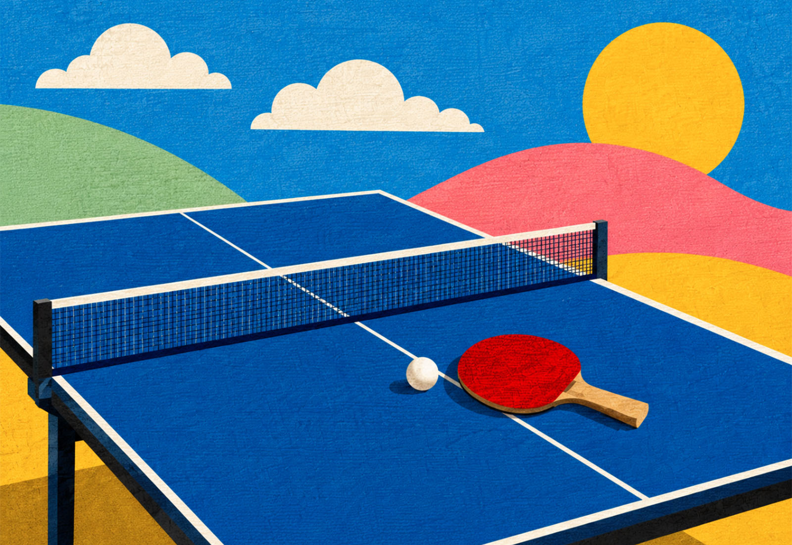 Colorful ping pong table scene with paddle.