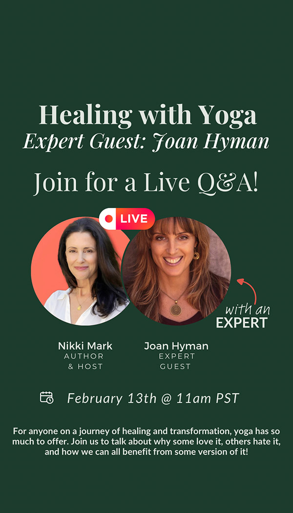 Live yoga healing Q&A event flyer with two speakers.