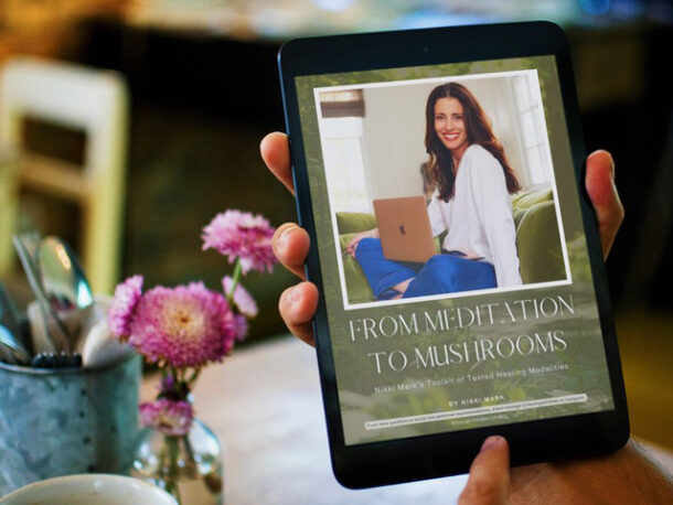 Ebook on meditation and mushrooms displayed on tablet.