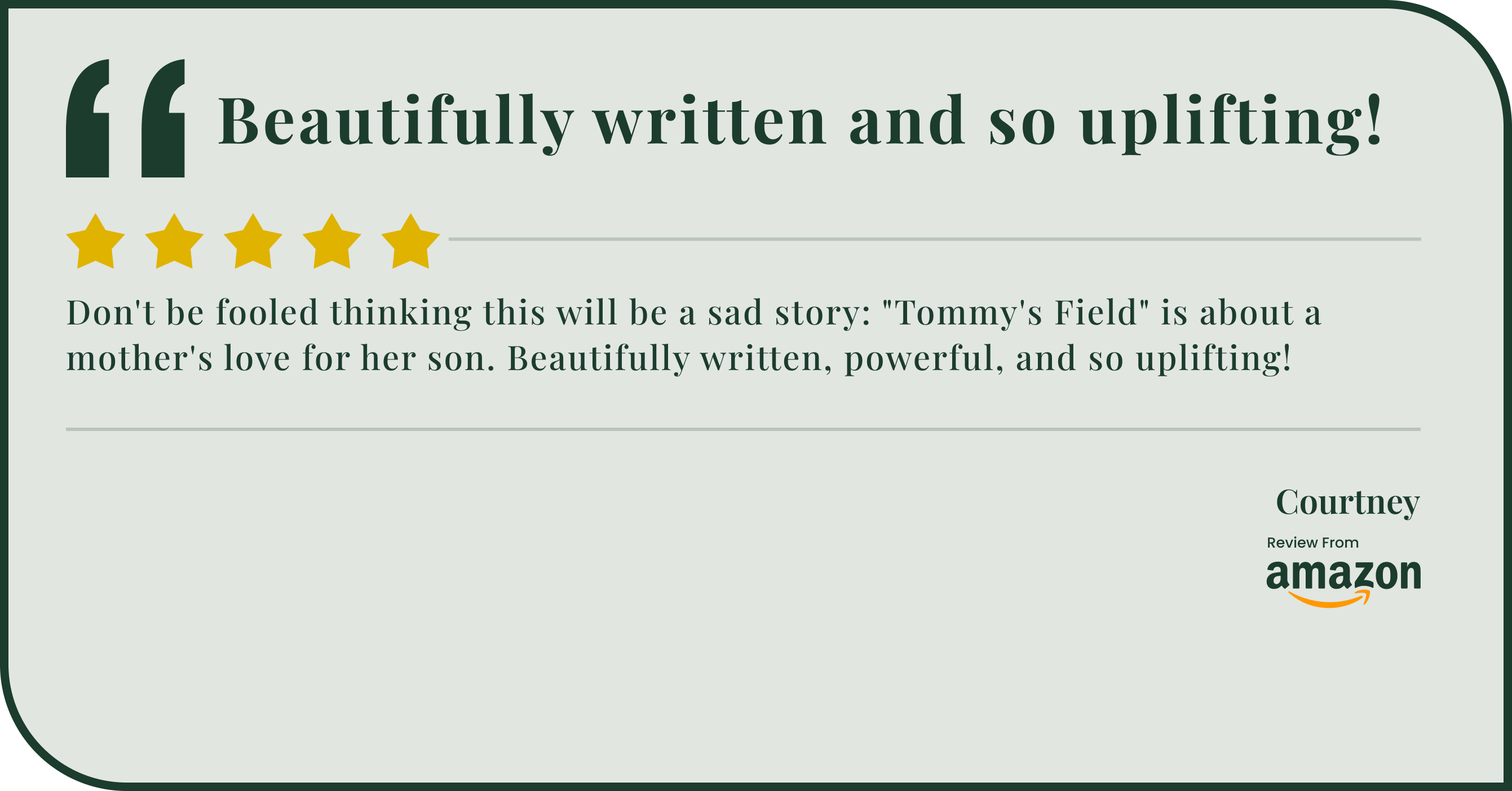 Five-star review for "Tommy's Field" book, praising storytelling.
