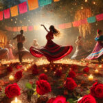 Traditional dance celebration with candles and roses at night