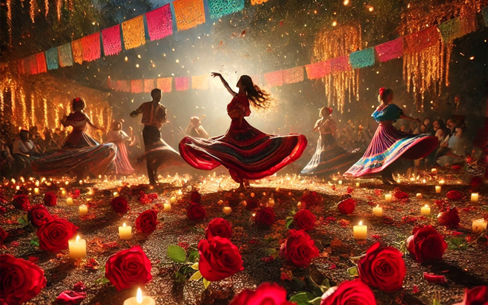 Traditional dance celebration with candles and roses at night