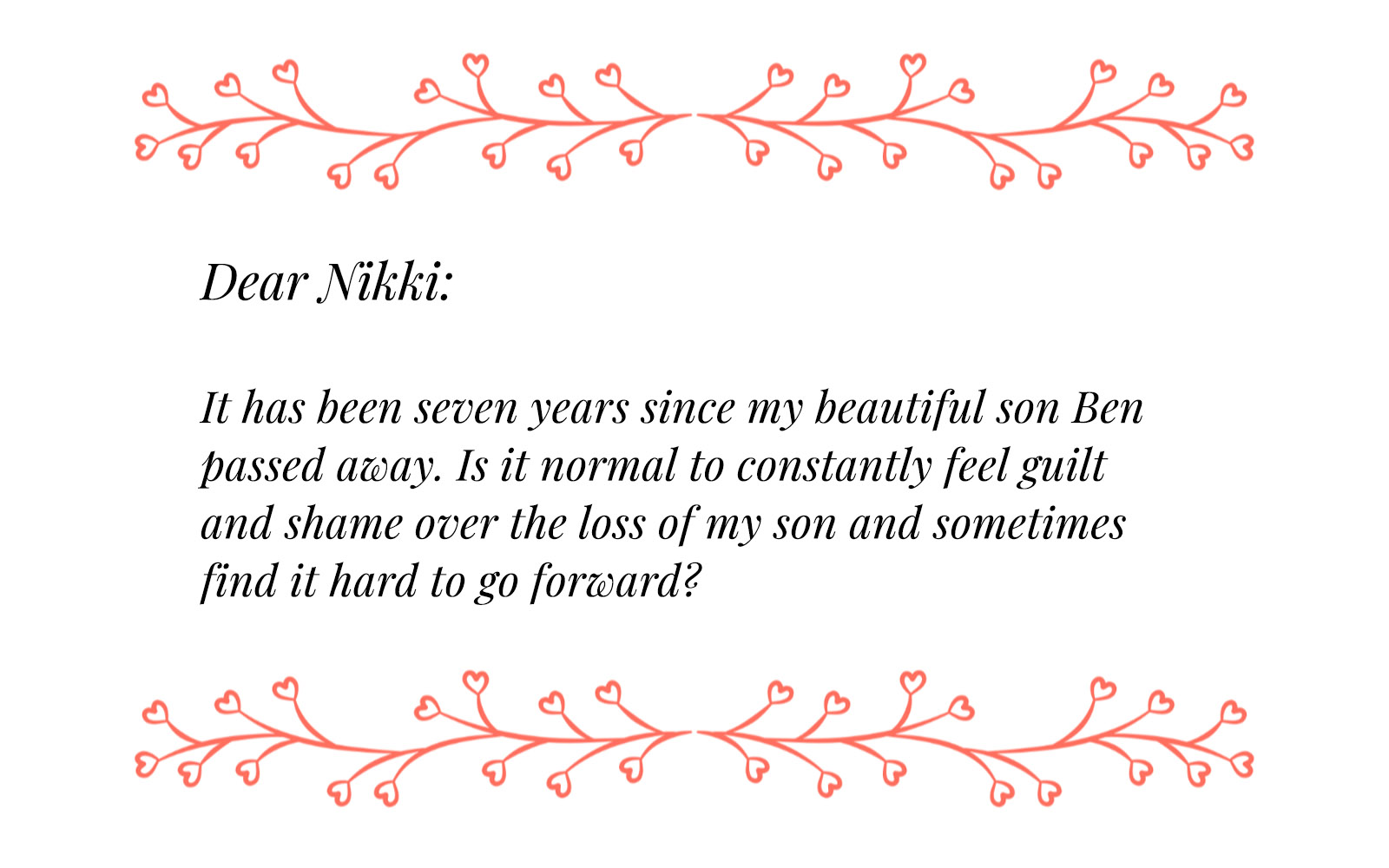 Letter asking about grief after son's death.